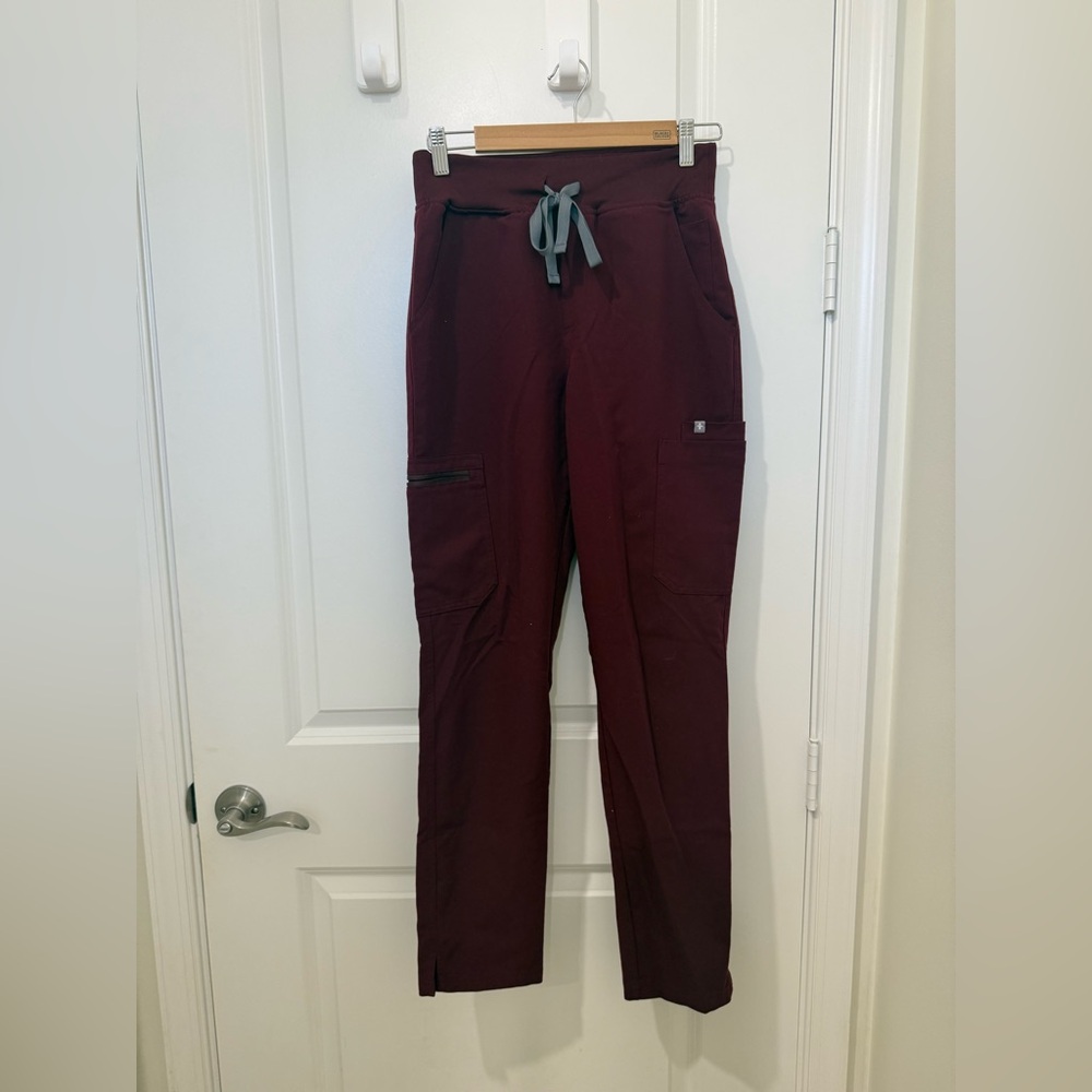 FIGS Women's Cargo Scrub Pants in Wine with Gray Drawstring